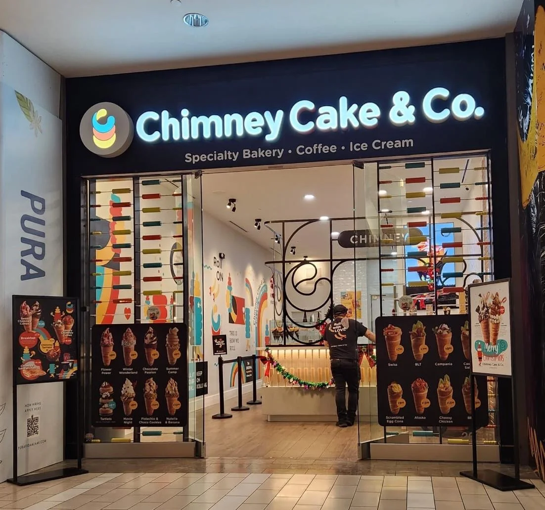 Chimney Cake and Co storefront branding and window graphics by KStell Studio in Miami