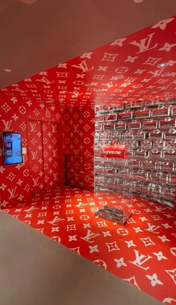 Louis Vuitton x Supreme pop-up interior wrap in red monogram vinyl produced by KStell Studio in Miami