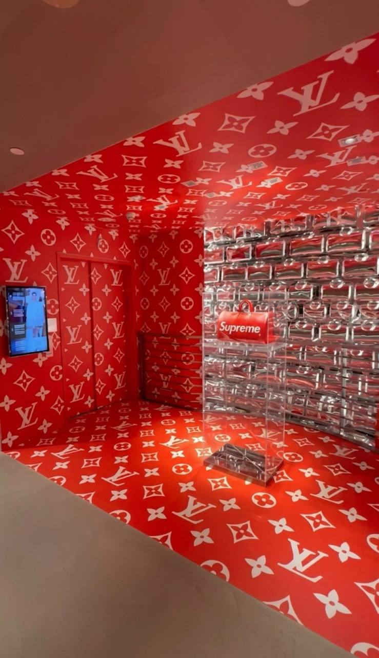 Louis Vuitton x Supreme pop-up interior wrap in red monogram vinyl produced by KStell Studio in Miami