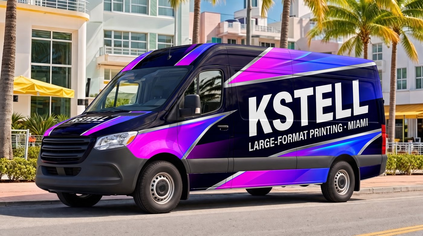 Full vehicle wrap in magenta and electric blue installed by KStell Studio in Miami