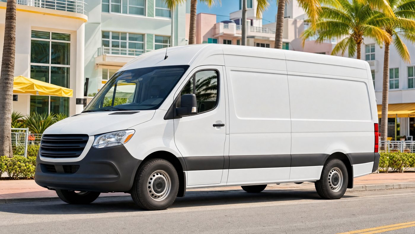 Plain white cargo van before the vehicle wrap installation in Miami
